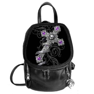 A black backpack with the Anne Stokes True Love Never Dies artwork - grey ornate cross with purple jewels at the ends - a skull sits in the centre, the backdrop is grey tribal designs on black