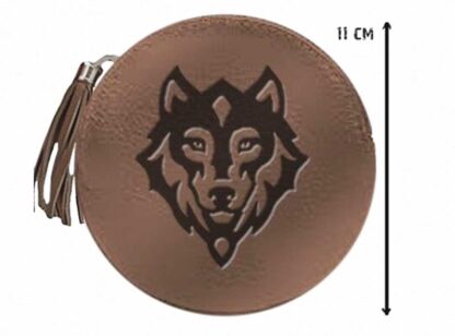 The back of this round, brown coin purse has a wolf head embossed into the faux leather