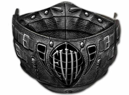 This cotton mask is printed in a way that it looks like leather, with printed studs, buckles and a metal grill over the mouth with the word evil across it. It's very metal, a great statement piece