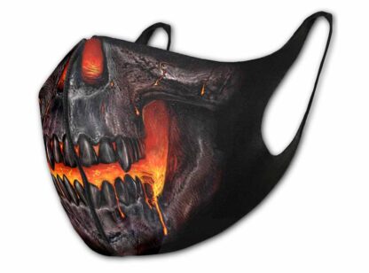 A black mask with a grinning skull, red molten lava appearing through the mouth and nose holes