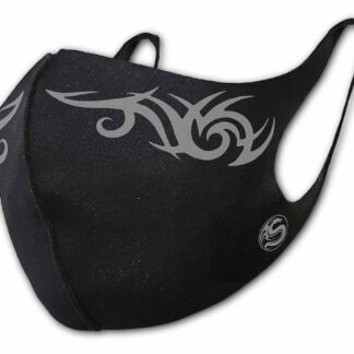 A black mask with tribal patterning in grey either side of the centre towards the top