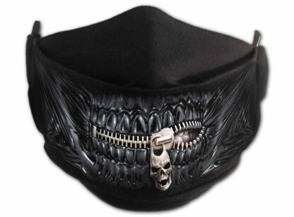 Black mask with PVC like teeth being zippered shut with a skull zipper charm