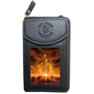 The Anne Stokes Solstice artwork decorates the front of this phone purse - a dragon rises from the stones of stonehenge while the dawns red and orange rays play over it and the stones