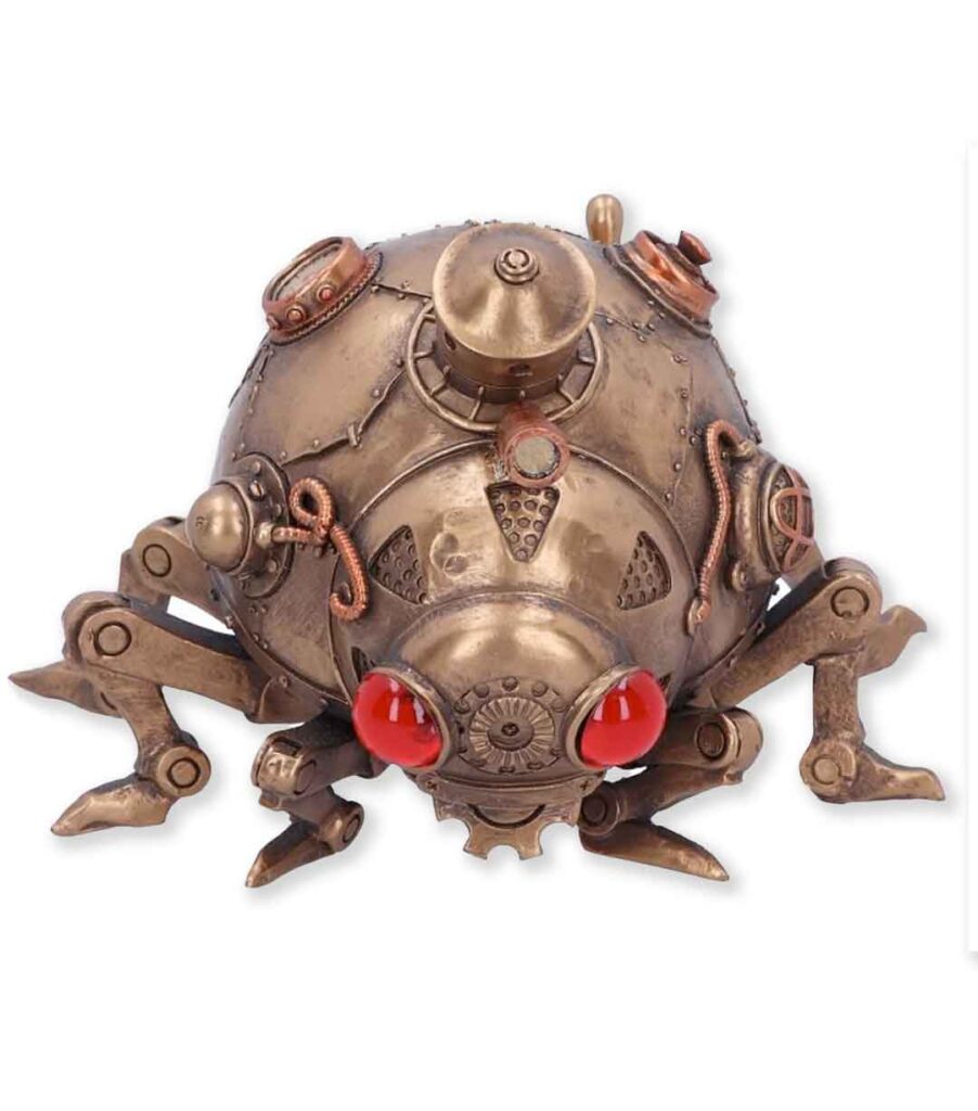 A cute steam powered bug. The carapace is copper coloured with rivets and pipes and it has bulbous red eyes.